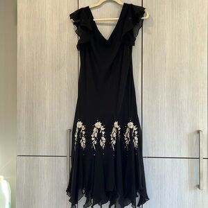 Vintage S.L. Fashions | Black Embroidered Midi Dress | Handkerchief Hem | 14‎